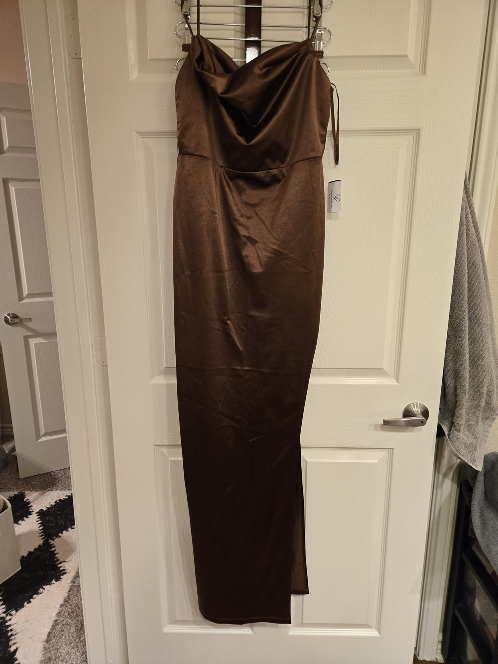 Windsor Brown Satin Slip Dress with Cowl Neck With Slit